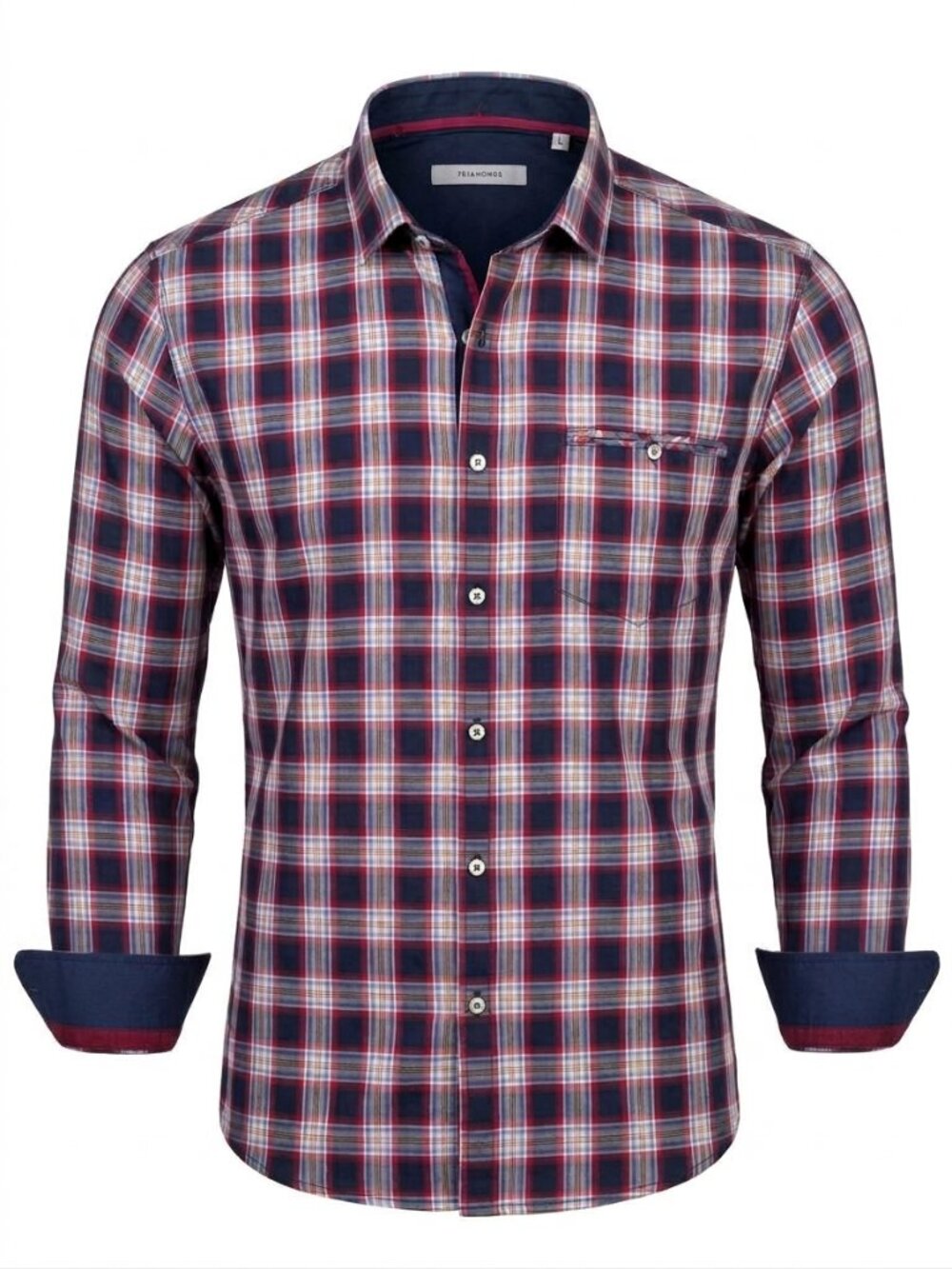 7 DIAMONDS Play By Play Shirt Men L Red Navy Plaid Cotton Button Up Long Sleeve